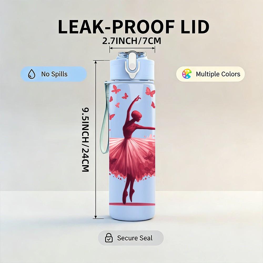 1PC Ballerina Dancer Heart Flower Print 750ml Color Plastic Sports Water Bottle Leakproof Flip Straw Lid Suitable for Sports Office Home Use
