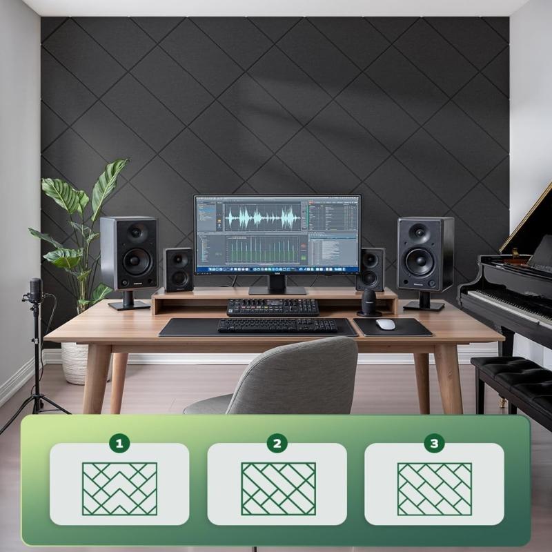 12Pcs Decorative Acoustic Panels Angled Square Peels and Stick Sound Absorbing Panel For Wall Ceiling Enduring