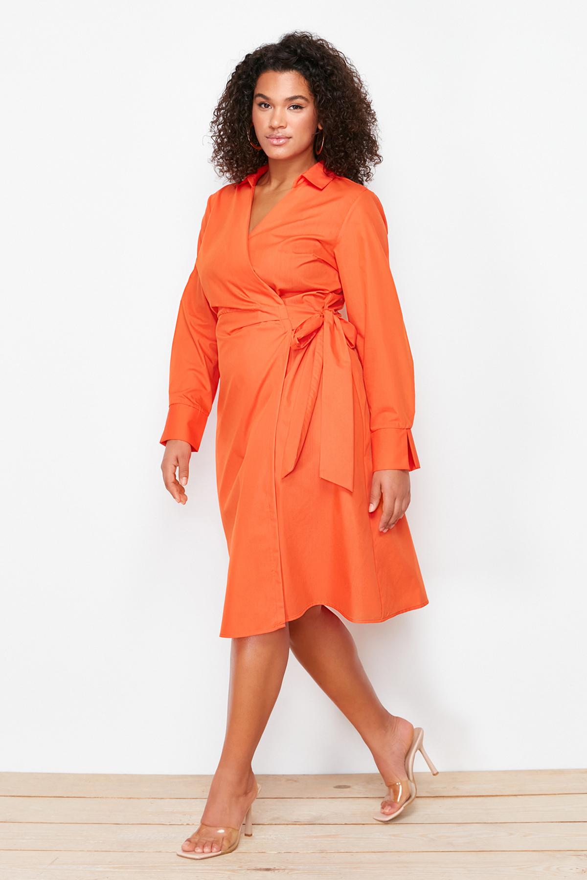 

Women s Style Plus Size Dress Orange Double Breasted Woven Dress
