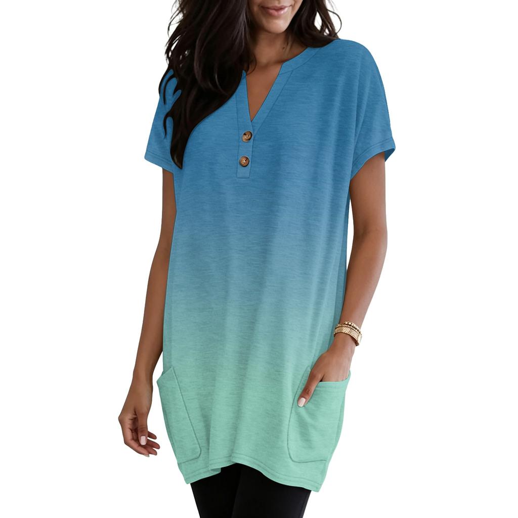 Women's V-Neck Gradient Print Short Sleeve Blouse with Pocket - Casual Pullover Top for Everyday Wear