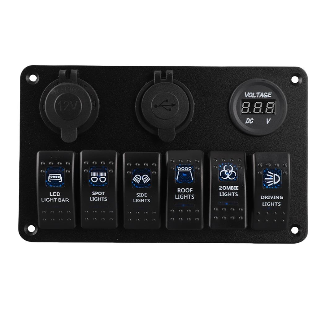 6 Way LED Car Boat Rocker Switch Panel USB Socket Cigarette Plug Voltmeter