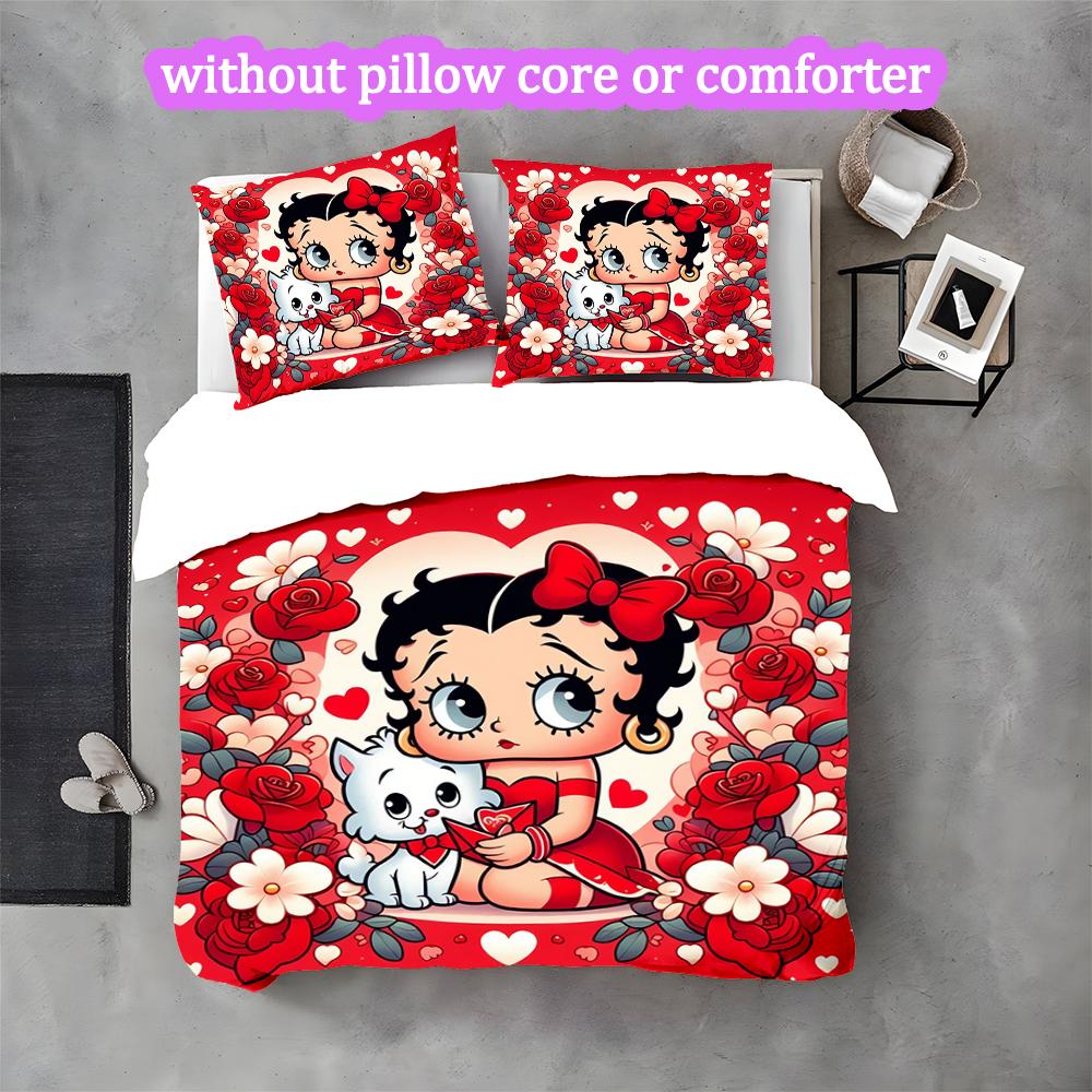 [3pcs Romantic Bedding Set] Betty Boop Print Duvet Cover, Soft Breathable Bedding Set For Bedroom Guest Room School Dorm Decor