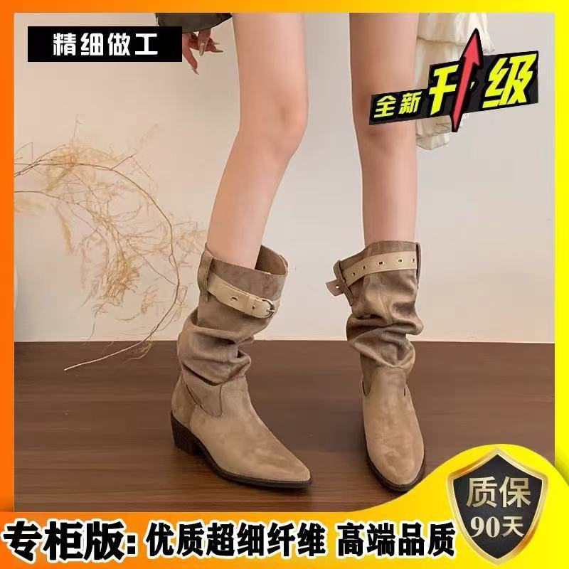 Thick Heel Pointed Tall Pleated Tube Pile Boots Women's Summer and Autumn Cowboy Medium Tube Knight Boots
