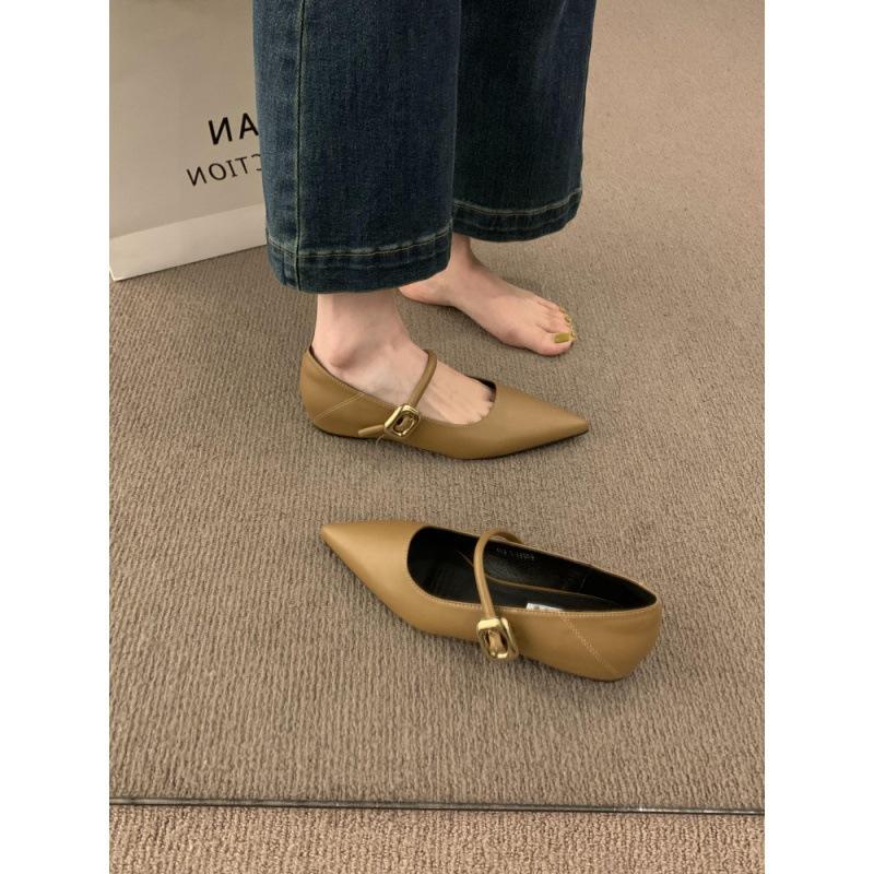 

2025 весна и осень новые французские туфли Мэри Джейн с острым носком, темпераментные, сказочные вечерние туфли с ремешком 39 коричневый