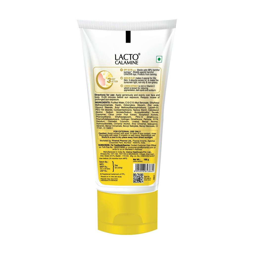 Lacto Calamine Sunscreen  Kaolin Clay SPF 50 For Oily Skin 100g Matte Finish Water Resistant Daily Use