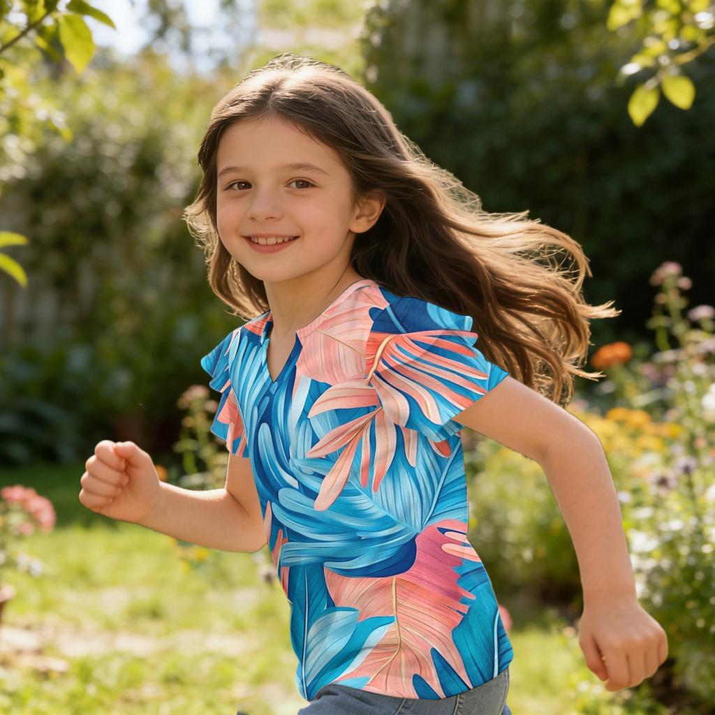 Girls V Neck Ruffle Sleeve Hawaiian Print Short Sleeve T Shirt Casual Blouse Lightweight Summer Top for Kids