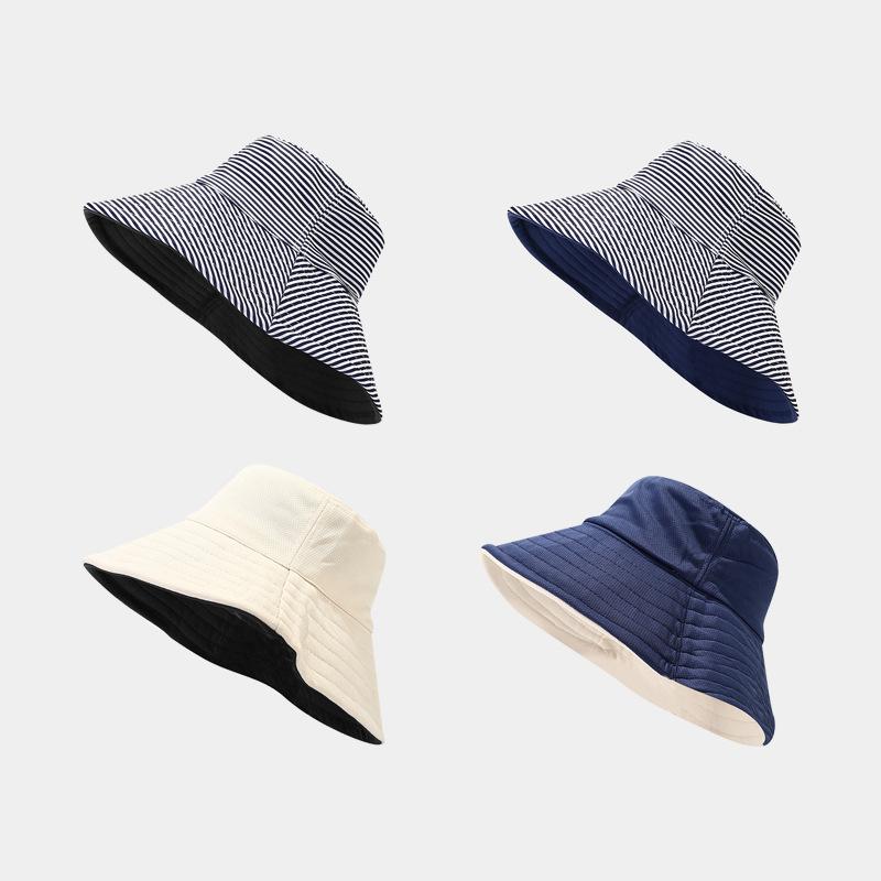 Double Side Wear Fisherman Hat For Women Solid Striped Bucket Hats Summer Female Anti-UV Wide Brim Sunscreen Cap