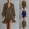 Robe décontractée rétro ample à manches longues et col en V à franges en daim pour femmes