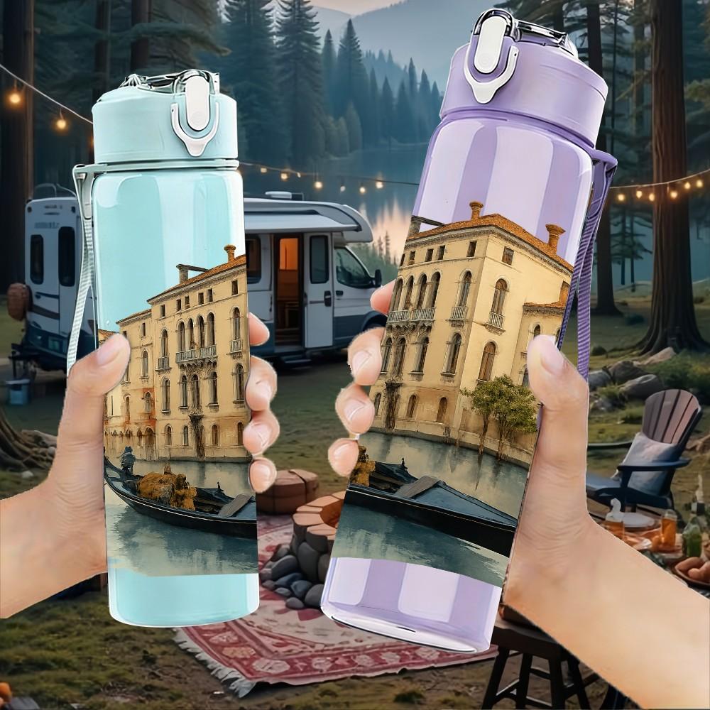 1PC Venice Canal Vintage Watercolor 750ml Color Plastic Sports Water Bottle Leakproof Flip Straw Lid For Sports Office Home Use