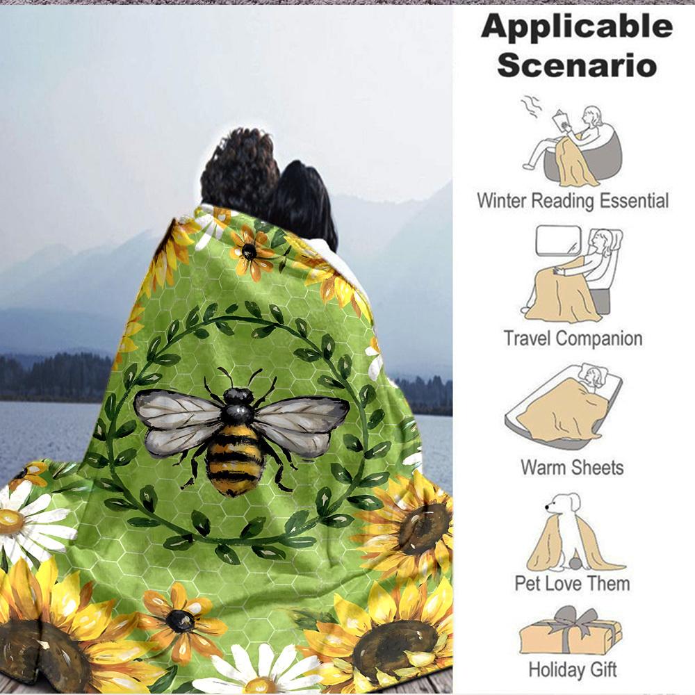 1pc Bee Sunflower Blanket, Lightweight Flannel Throw Blanket for Sofa, Bed, Travel, Camping, Living Room, Office, Couch, Chair, a0922074