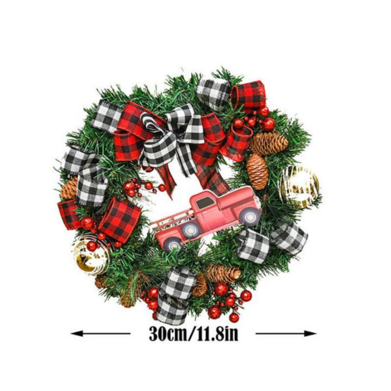 25/30cm Christmas Wreath Grid Bownot Simulated Berry Pinecone Wreaths Front Door Garlands Hanging Ornament Happy New Year Decor