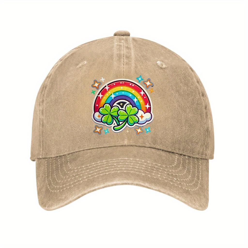 St Patricks Day Rainbow Clover Baseball Cap Distressed Denim Graphic Print Casual Adjustable Hat