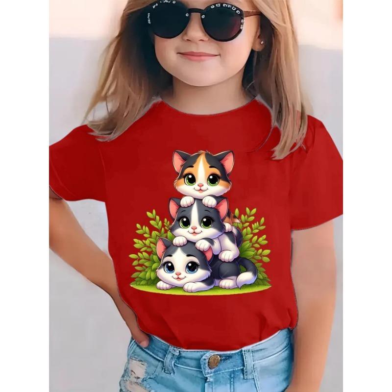 European Sizes Summer Fashion Girls' Short-Sleeve T-Shirt with Three Little Cats Lying Together Cartoon Print, Casual and Versatile Top