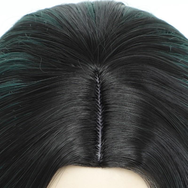 Womens Medium Part Long Wavy Wig Green Gradient Highlight Synthetic Full Fashionable Heat Resistant Any Face Shape