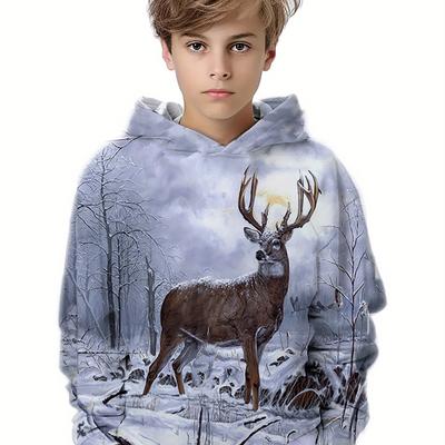 Hirsch im Schnee 3D-Druck Langarm-Kapuzenpullover für Jungen und Mädchen, modisches Tier-Sweatshirt für Frühling und Herbst, Kinder-Kapuzenpullover, Tops, Chico Sudadera