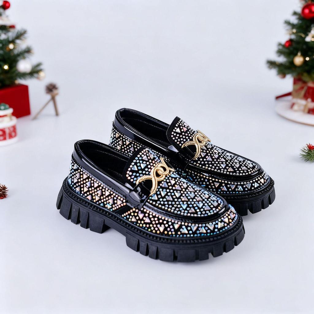 2025 Unisex Rhinestone Loafers: Korean-Style Leather Shoes for Kids