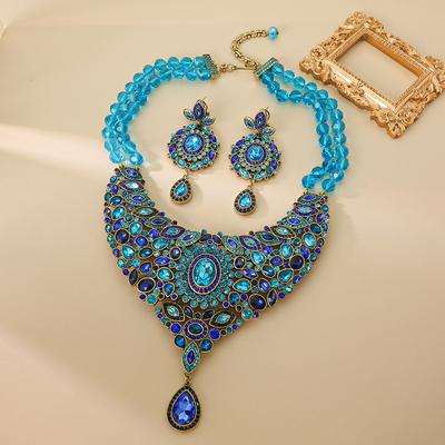 Collier Boucles d'Oreilles Clous Style Bosniaque Rétro Médiéval Pierres Précieuses Bleues Exagérées Pleins