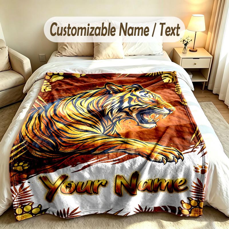 Lion Tiger Theme Custom Blanket Personalized Name & Text Customized Soft Warm Throw Blanket Home Decor