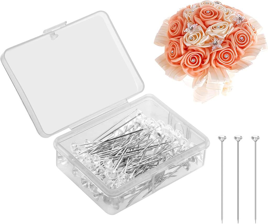1Box 50/100Pcs Alloy Pins Transparent Diamond Pin DIY Wedding Bouquet Pins Stitching Needles Plastic Box Sewing Accessories