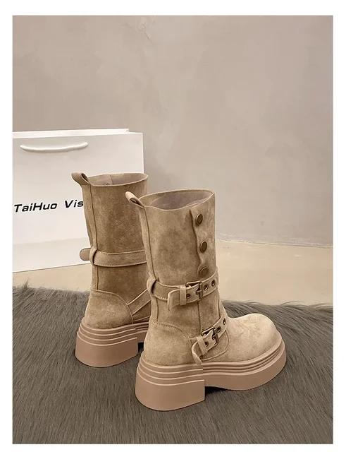 Women's Long Boots 2025 Spring New Style Fashionable Two-piece Lapel Mid Leg Boots Retro Versatile Thick Soled Motorcycle Boots