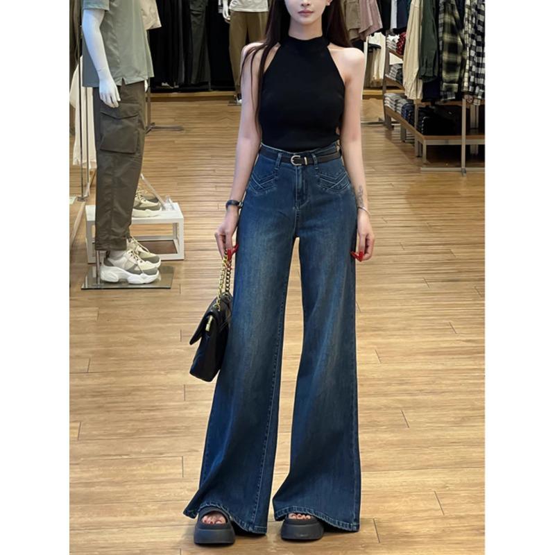 Women's Dark Blue Retro High-Waist Wide-Leg Flare Jeans - Spring 2025 Hong Kong Style