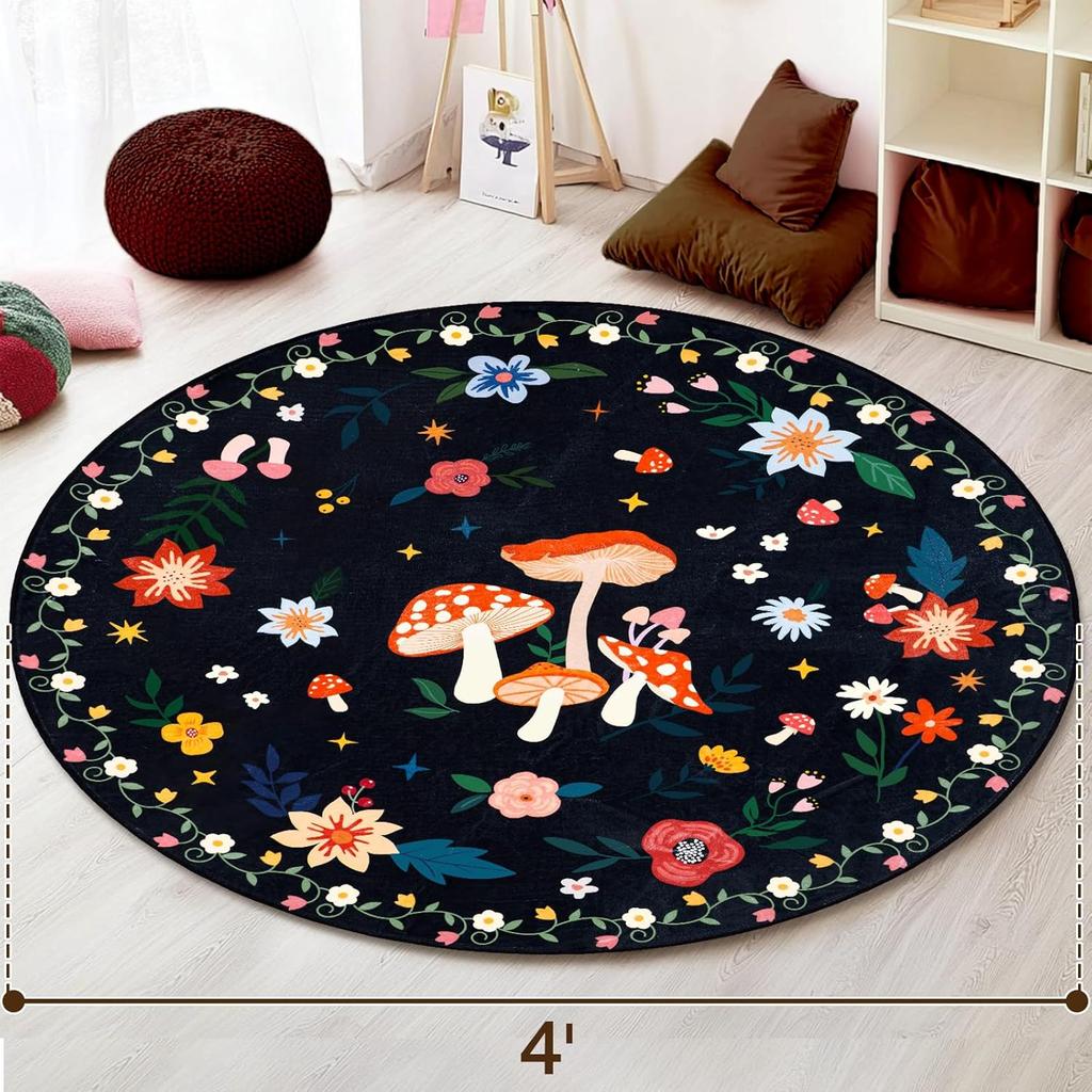 Floral Round Rug, Non-Slip Low Pile Floor Mat for Living Room or Bedroom, Kids' Room Friendly