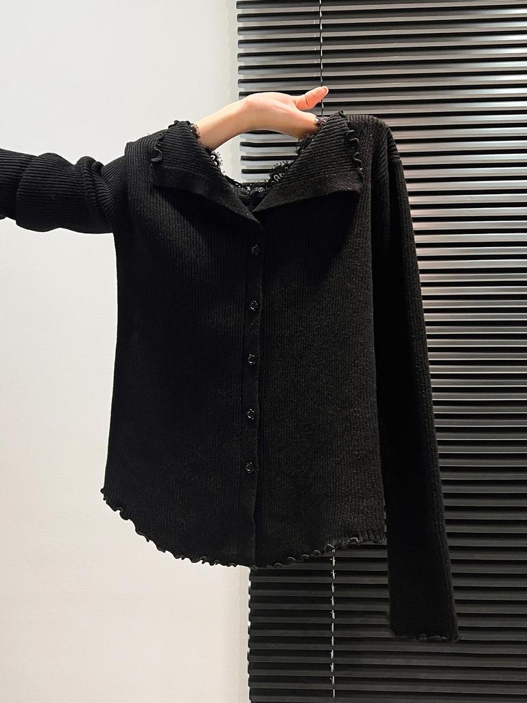 Women’s High-End Ruffle Lace V-Neck Knit Cardigan Sweater