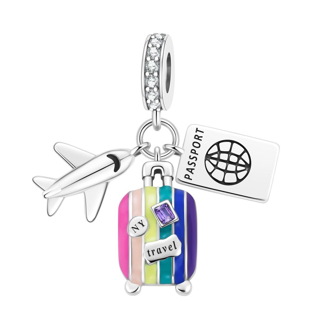 New Original Copper Travel Charms Airplane Luggage Earth Beads Pendants Fit Bracelet Necklace Diy Jewelry Gift