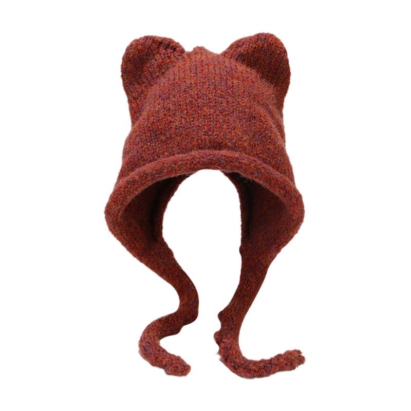 Unisex Solid Color Crochet Hat Cat Kitten Ear Shape Hat Warm Fluffy Winter Crochet Warm Skiing Supplies for Adult Teens