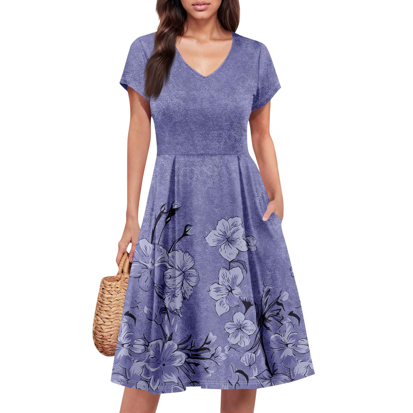 

Женское летнее платье с коротким рукавом и V-образным вырезом, короткие платья, модное повседневное струящееся платье-халат с карманом M фиолетовый