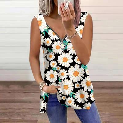 Women's Top Summer Little Daisy Printed Casual Plus Size Sleeveless Zipper V-neck Top Tank Top