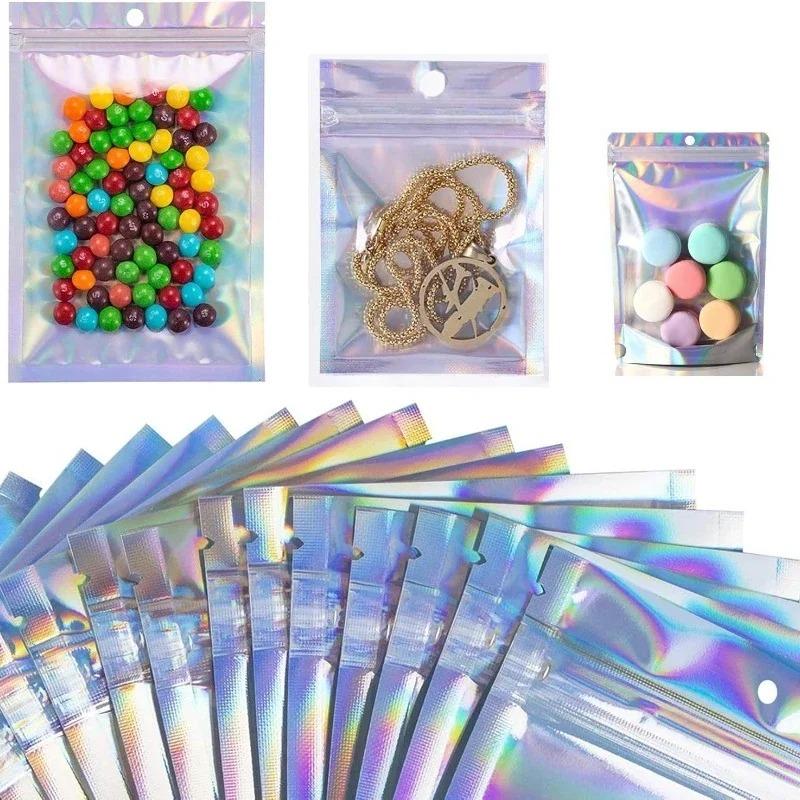 100/10Pcs Rainbow Self Sealing Bags Laser Film Pouches for Food Storage Party Favors Snacks Candies Jewelry Waterproof Bags