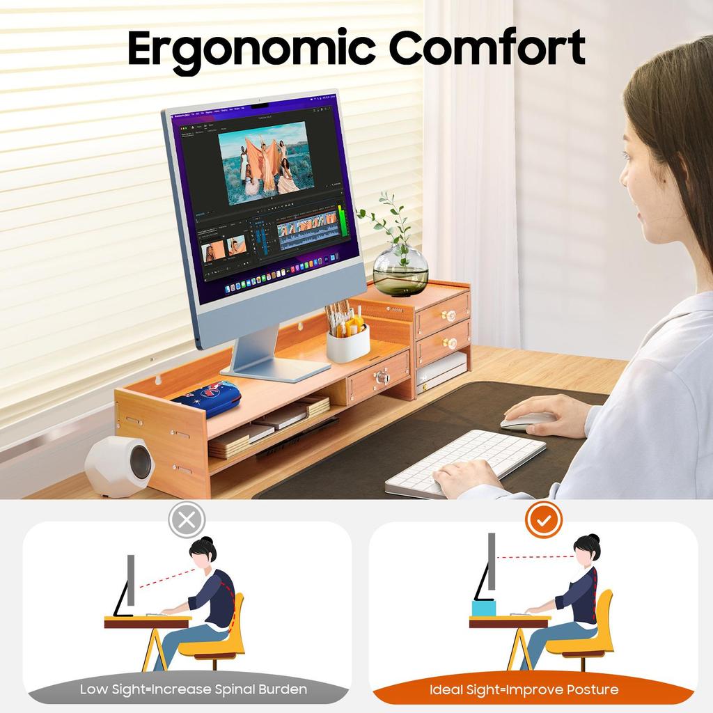 Wooden Monitor Stand with 3 Drawers, Lockable Drawer, Desk Riser Computer Monitor Stand for Office Home PC Laptop