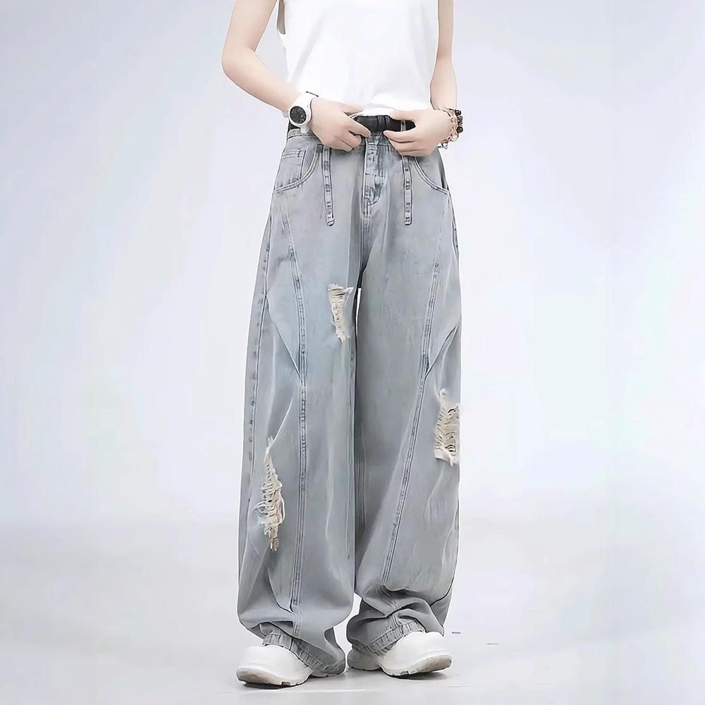 JYL Мужские рваные джинсы Летние Синие Выстиранные Уличный стиль Свободные Прямые Джинсовые M андроид зеленый