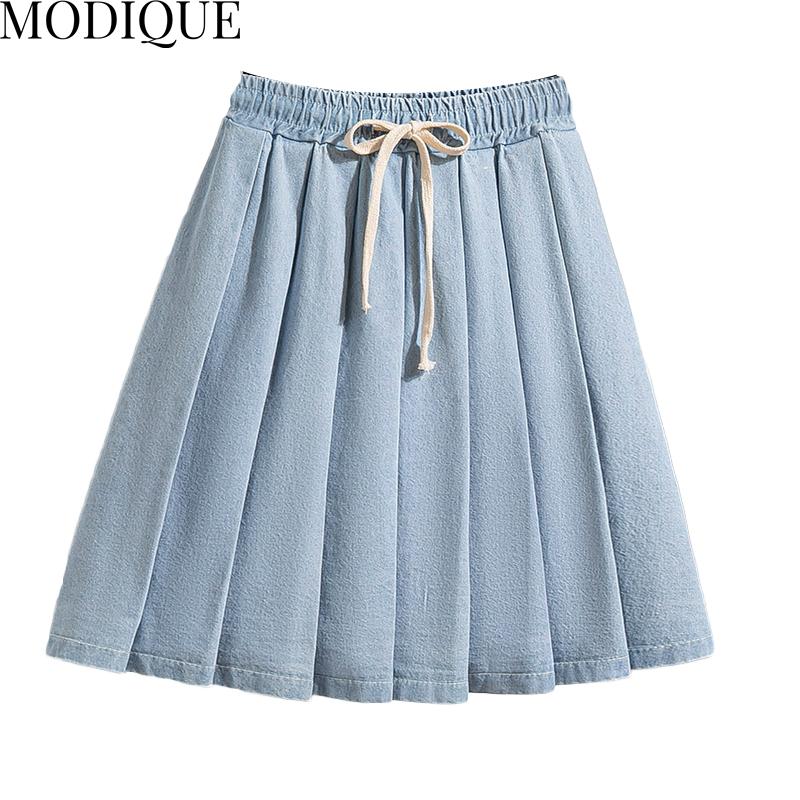 MODIQUE Summer Plus Size Women Loose Basics Elastic Mock Two-Piece Pleated Short Skirts Female Casual Blue Denim Short Pants