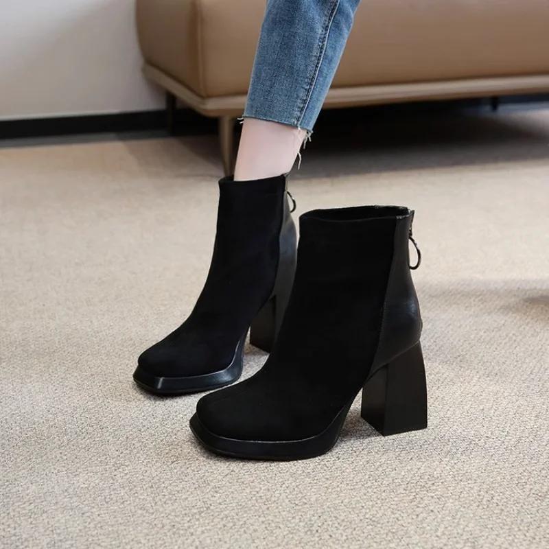 Fashion 2024 Autumn New Korean Fashion Round Head Zipper Women's Thick Bottom Square Toe Boots