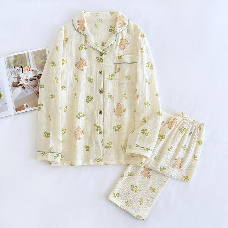 

Милые милые пижамные комплекты для женщин, двойная марля, сморщенная хлопковая пижама с длинными рукавами и рисунком из чистого хлопка 2XL