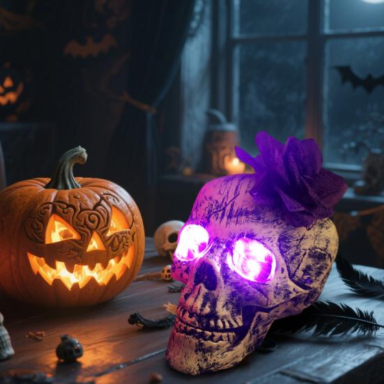 Halloween Skull Statue with Flower Plastic Small Size Human Head Bone Sculpture Collectible Skeleton Figurine for Indoor Outdoor Decor