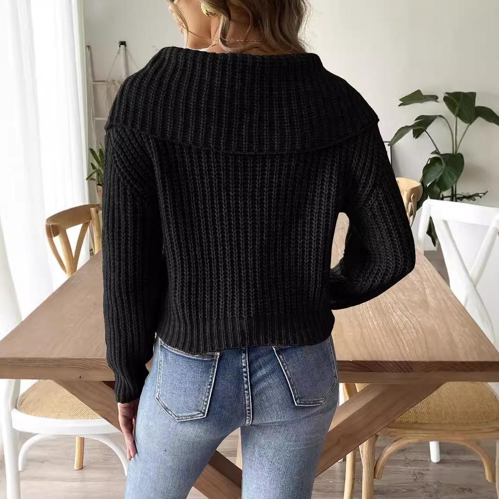 Women's Short Top, Hand-hooked Splicing Sweater, European and American Women's Clothing, Autumn and Winter New Large Lapel Pullover Sweater