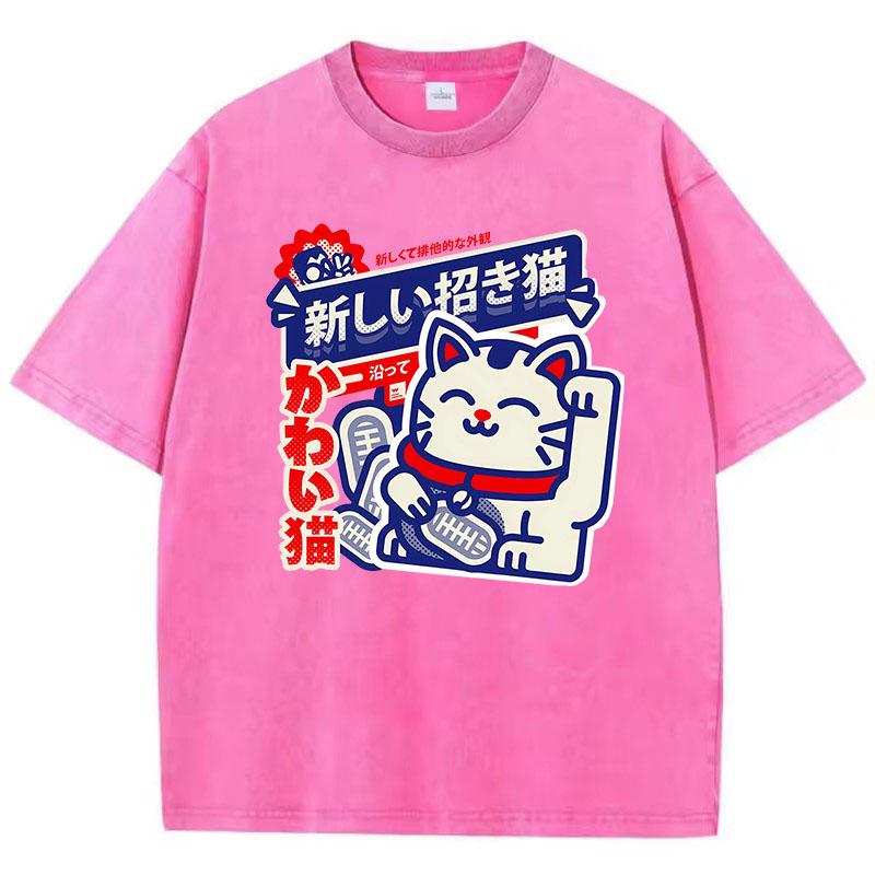 Manga T Shirt Vintage Washed Cotton T-Shirt Japanese Style Anime Cat Graphic Tee Casual Streetwear Spring Tops