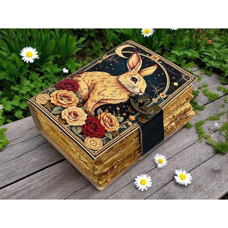 Easter Bunny Rabbit Vintage Handmade Leather Journal, Grimoire Fat Journal Blank Spell Book of Shadows Christmas Gift Him Her