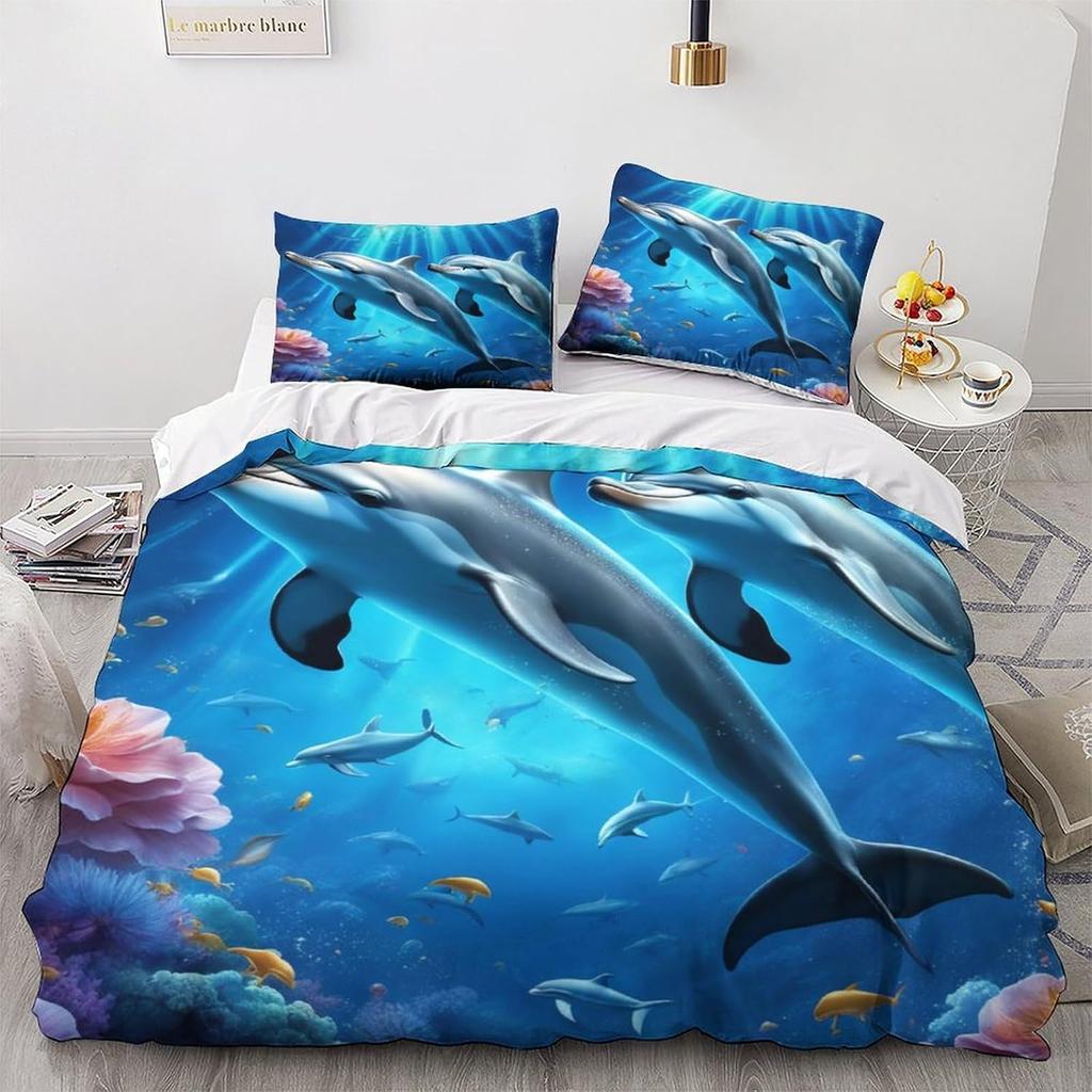 Colorful Dolphin Duvet Cover Set, Soft Comforter Cover With Zipper Closure 2 Pcs,Quilt Cover With Pillowcase For Kids And Adults