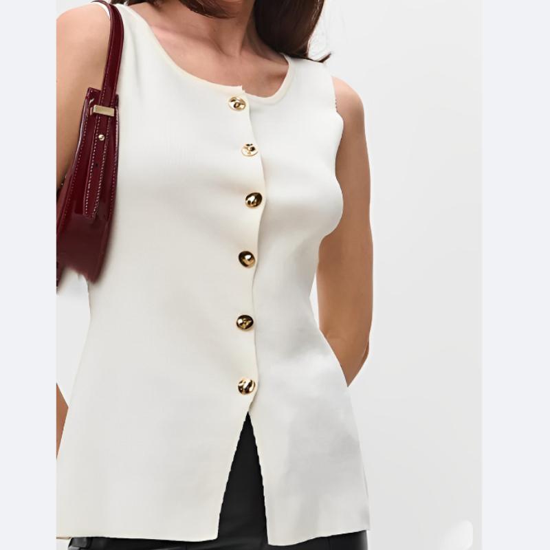 Spring and Summer Women's Metal Buckle Split Knitted Vest Slim Waistcoat Top Cardigan