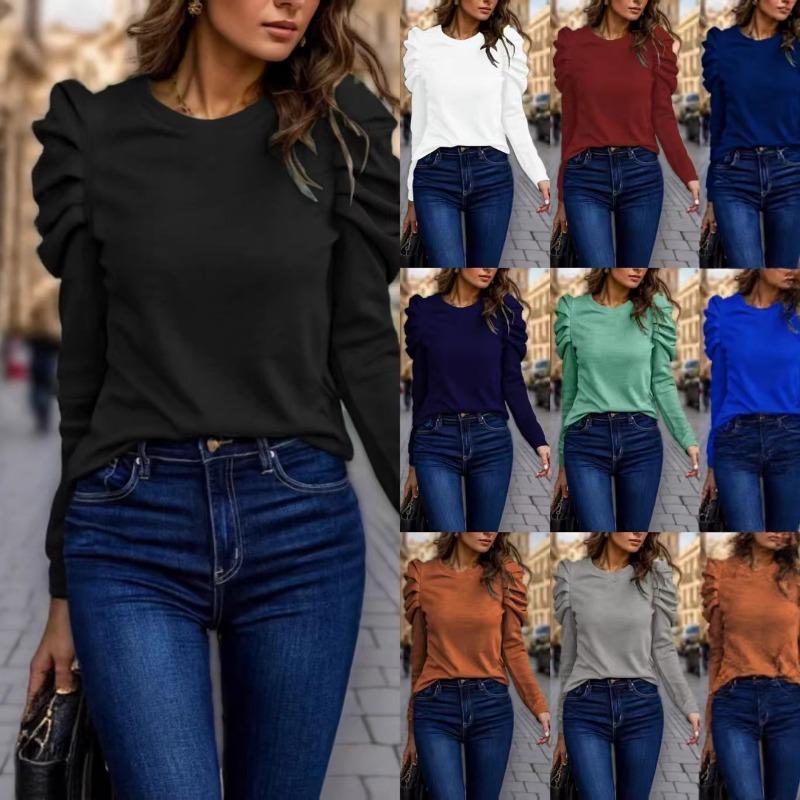 Women S Long Sleeve Puff Sleeve Crew Neck Solid Color Casual T Shirt