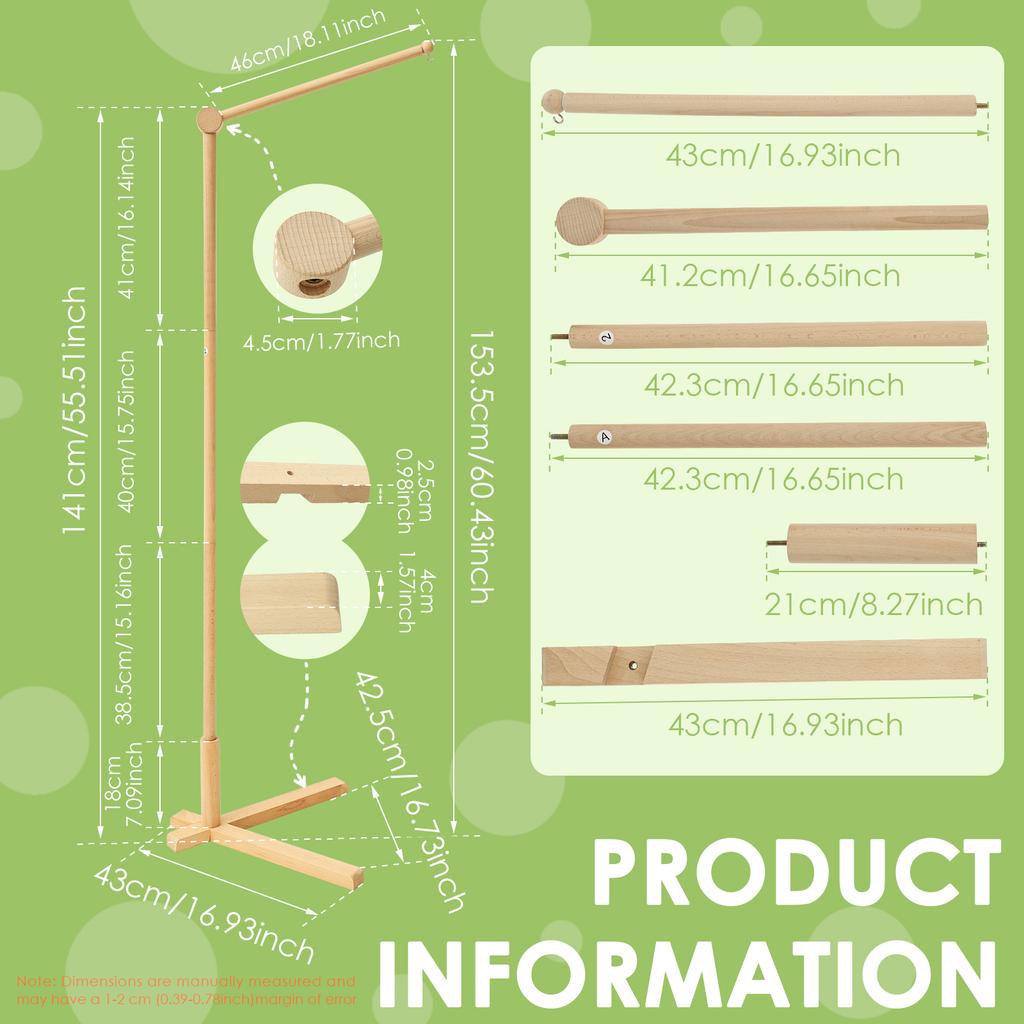 1 Pc Wooden Floor Standing Crib Mobile Arm 153.5 Cm Crib Mobile Bed Bell Wooden Bracket for Hanging Bed Bell and Baby Bed Toys