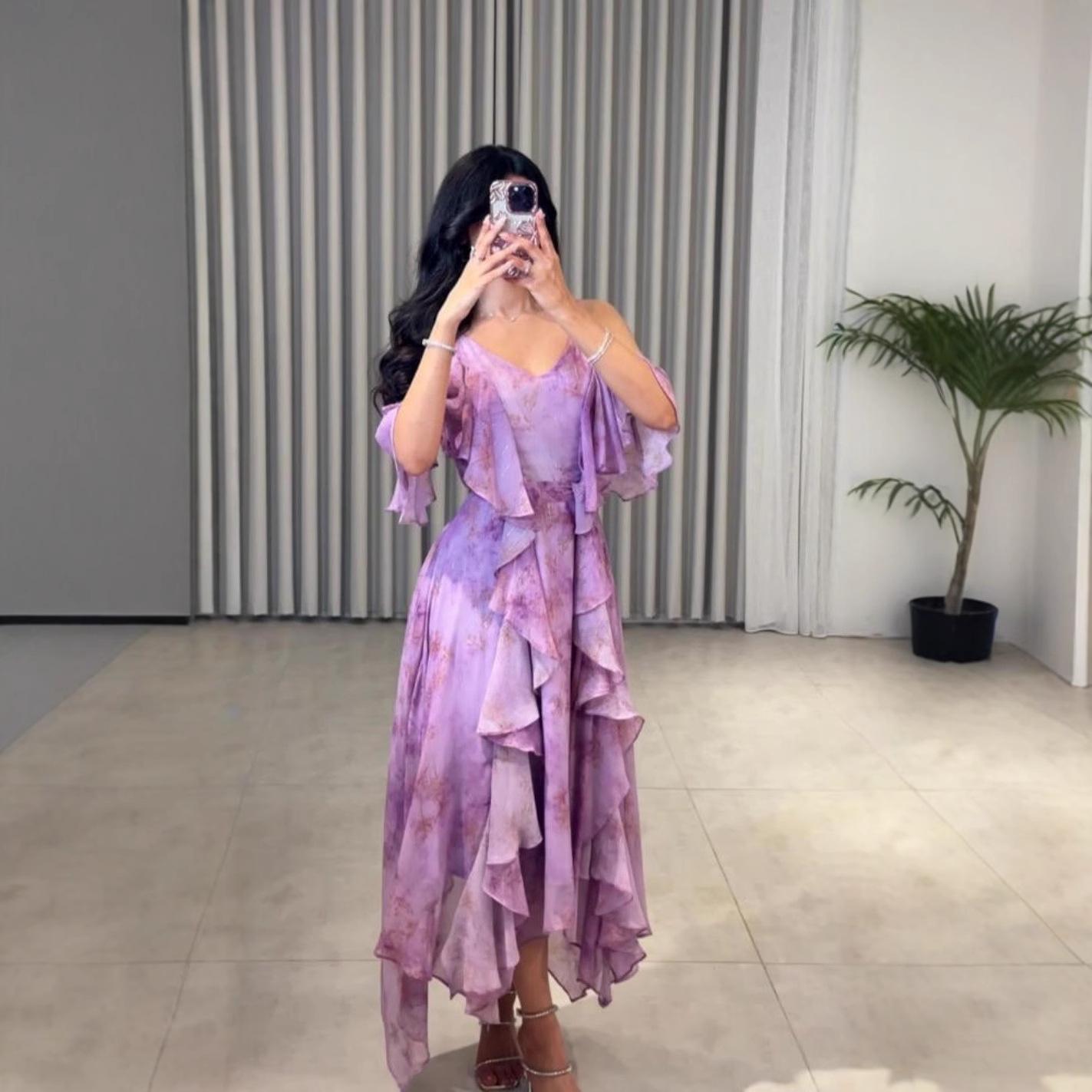 

2025 весна-лето новое женское шифоновое платье с цветочным принтом платье XXL фиолетовый