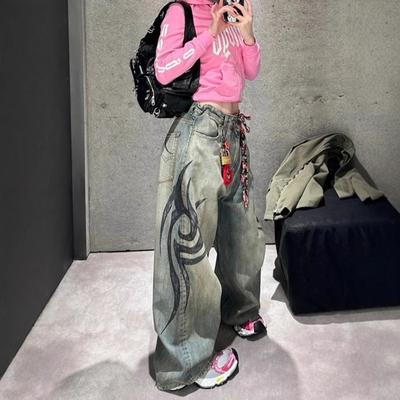 Womens High Waist Wide Leg Jeans Streetwear Printed Loose Fit Casual Trousers