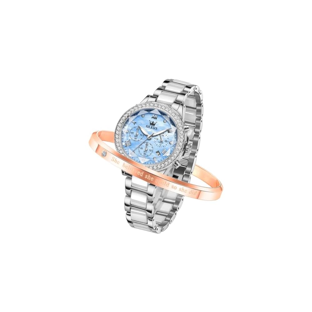 OLEVS Women s Ceramic Quartz Watch Elegant Cute Waterproof Luminous Date Display Blue