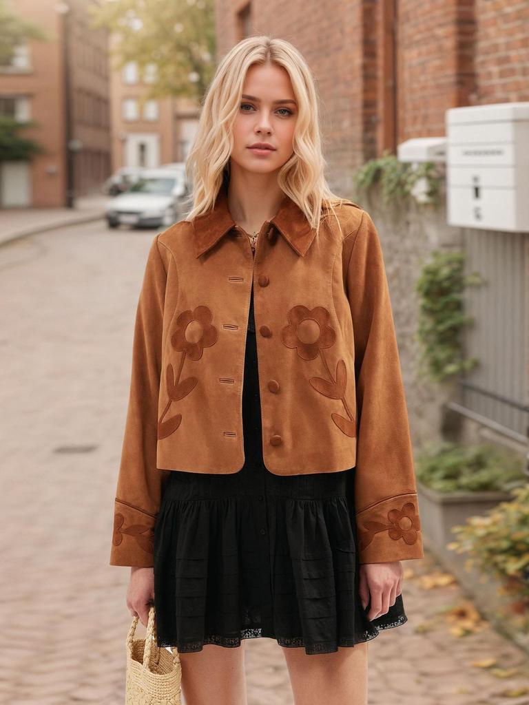 Retro Elegant Suede Flower Embellished Lapel Short Jacket