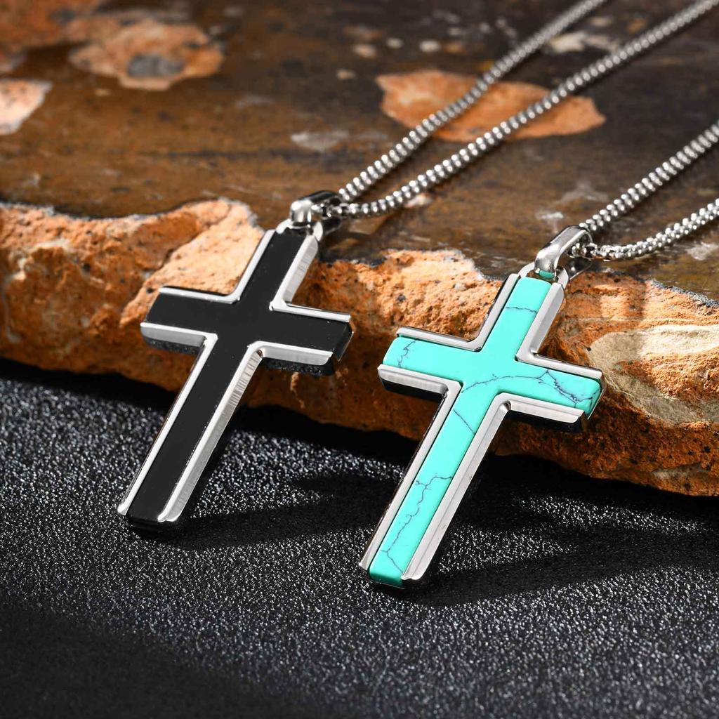 Stainless Steel Men'S Necklace Cross Turquoise Natural Tiger Eye Sweater Chain Pendant Pn-2224